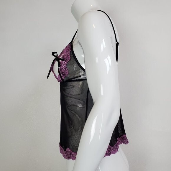 Vintage Y2K Victoria's Secret Black Mesh Purple Lace Lingerie Top - Picture 2 of 7